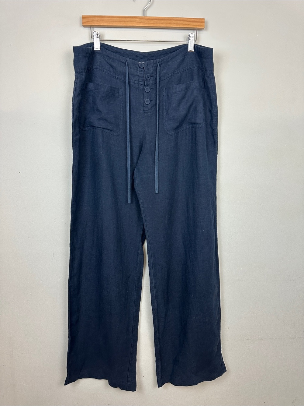 Vince Linen Drawstring Exposed Button Patch Pocket Navy Wide Leg Pants Sz L